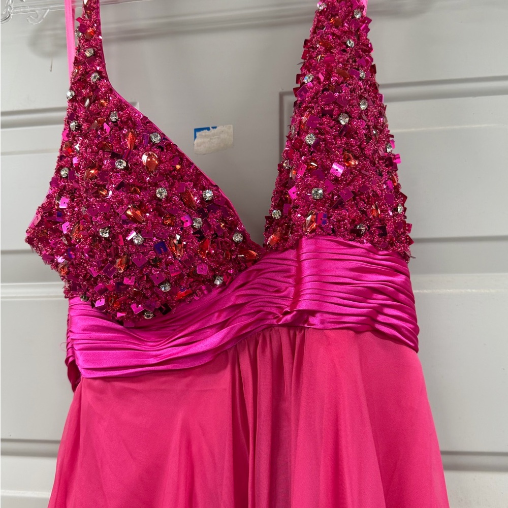 Hot Pink Beaded V-Neck Evening Dress
